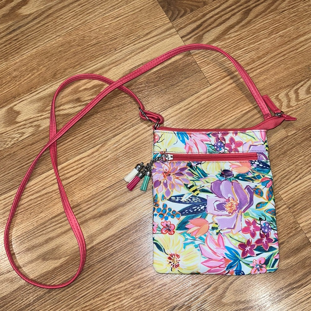 Vegan Floral Printed Adjustable Strap Crossbody Bag with Tassels